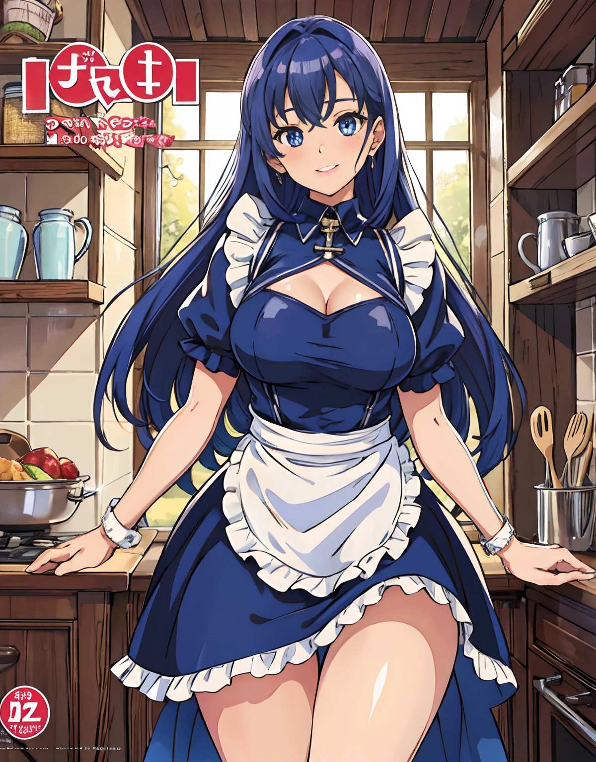 (Best Quality, Masterpiece),sexy , Front cover of a women's cooking magazine, naked,  erotic, 18+, nsfw, 1girl, 16  unning, cute, smile, hourglass figure, Maid costume, beautiful food, text, diagrams, advertisements, magazine title,                                                                                      long dark blue hair,blue detailed sparkling eyes,One strand of hair hangs down over his forehead