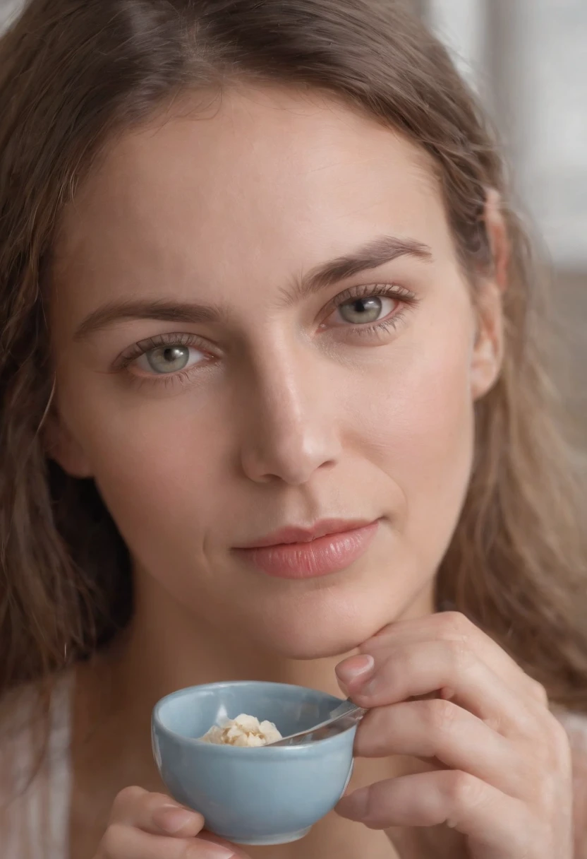Young mother,In the hands of a rag and a spoon, 30 years,(Tired:1.1),Sleepy,(Optimistic view:1.2), slight smile,enjoys life, 4k,hight resolution, Clear boundaries,Detailed eyes and lips,