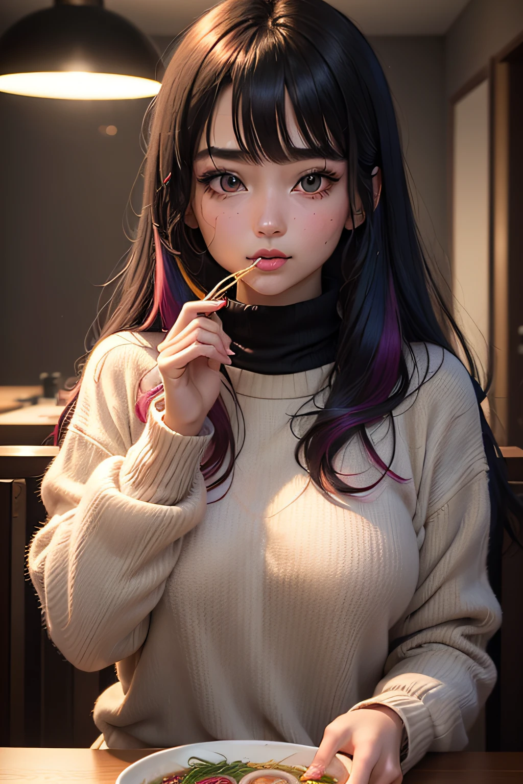 rainbowcolor hair girl(wispy bangs), (25 years old female) Black eyes(Beautiful eyes).  Reddish pink lips(Beautiful lips) perfect hands, Black striped sweater, Black collar, confuse look, Look at camera(Cinematic lighting) room background(Ultra Hd, High resolution, Perfect anatomy), eating ramen with chopsticks, rainbow behind her