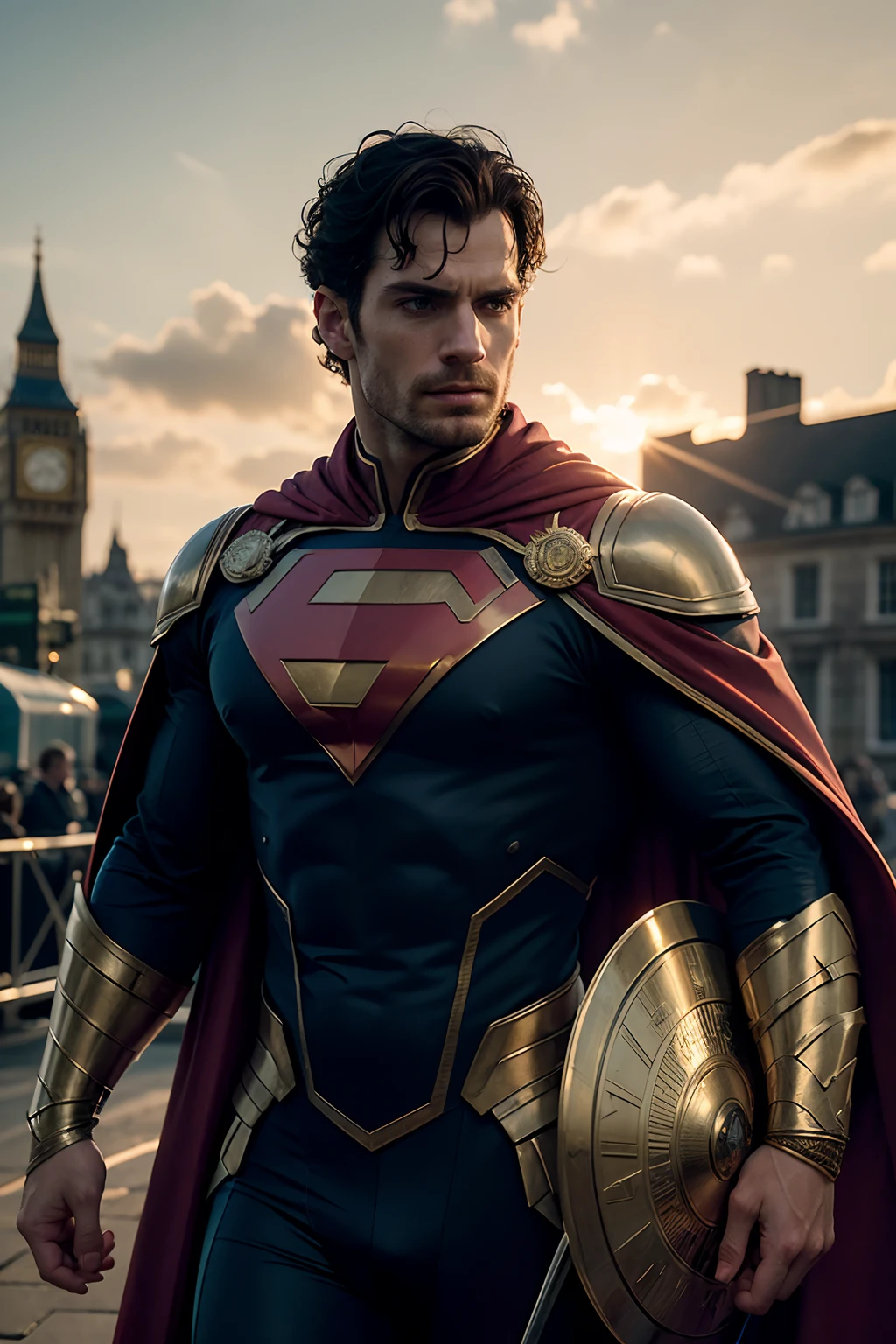 Henry Cavill as Captain Britain with cape, holding a large and round Britain shield, glowing lights, (dynamic pose), (hyper realistic:1.4), (realistic:1.3), (best quality real texture skin), full body, (Cinematic Light), highly detailed skin, skin pores, (highly detailed face:1.1), (highly detailed eyes:1.1), realistic pupils, (perfect anatomy:1.1), (perfect proportions:1.1), (photography:1.1), (photorealistic:1.1), volumetric lighting, dynamic lighting, real shadows, (highres:1.1), sharp focus, daylight, (realistic, hyperrealistic:1.4), intricate, high detail, dramatic, subsurface scattering, big depth of field, vivid, polished, sharpened, ((full Sharp)), (extremely absurdres),8k hdr, London background
