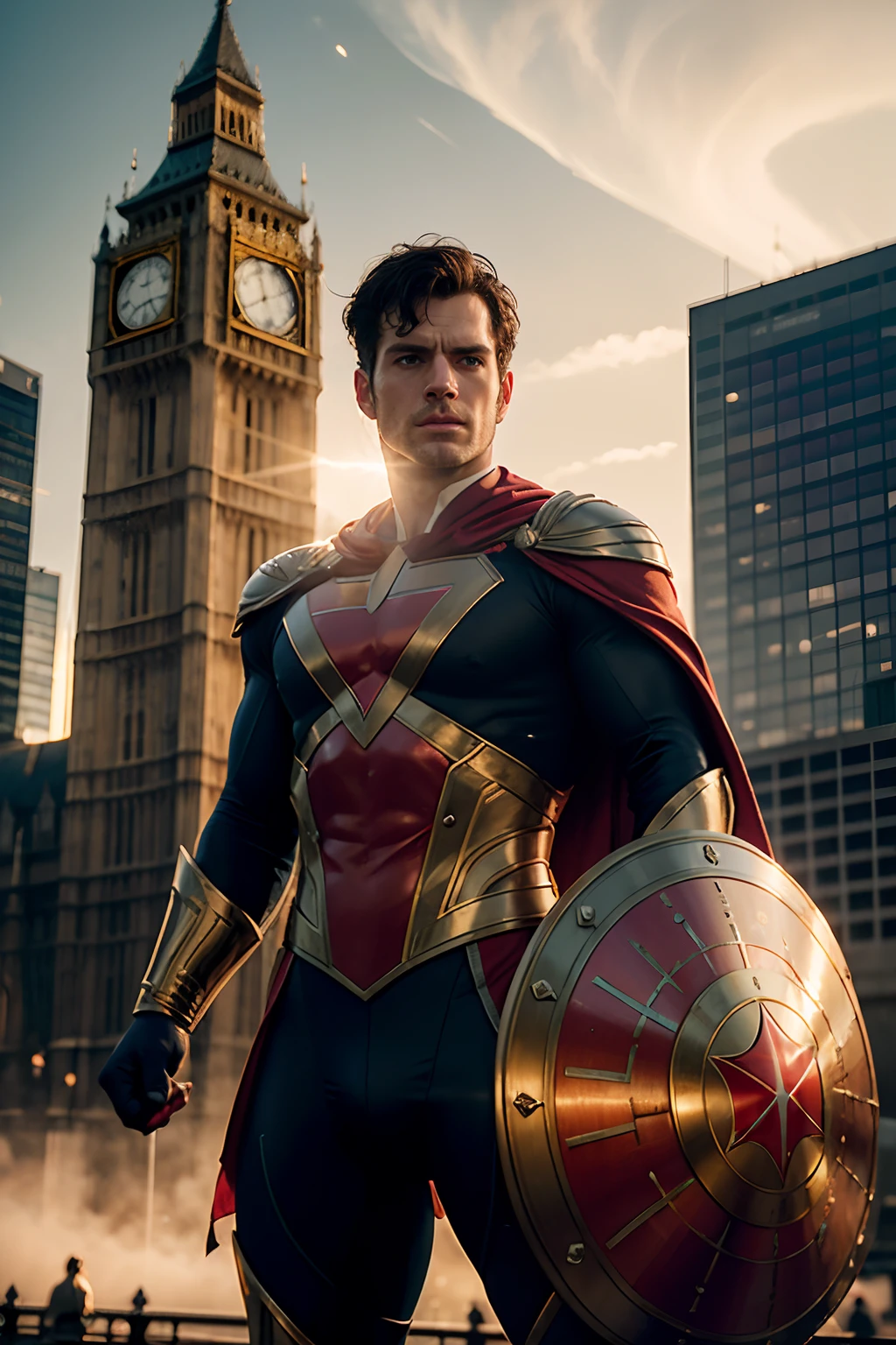 Henry Cavill as Captain Britain with cape, holding a large and round Britain shield, glowing lights, (dynamic pose), (hyper realistic:1.4), (realistic:1.3), (best quality real texture skin), full body, (Cinematic Light), highly detailed skin, skin pores, (highly detailed face:1.1), (highly detailed eyes:1.1), realistic pupils, (perfect anatomy:1.1), (perfect proportions:1.1), (photography:1.1), (photorealistic:1.1), volumetric lighting, dynamic lighting, real shadows, (highres:1.1), sharp focus, daylight, (realistic, hyperrealistic:1.4), intricate, high detail, dramatic, subsurface scattering, big depth of field, vivid, polished, sharpened, ((full Sharp)), (extremely absurdres),8k hdr, London background