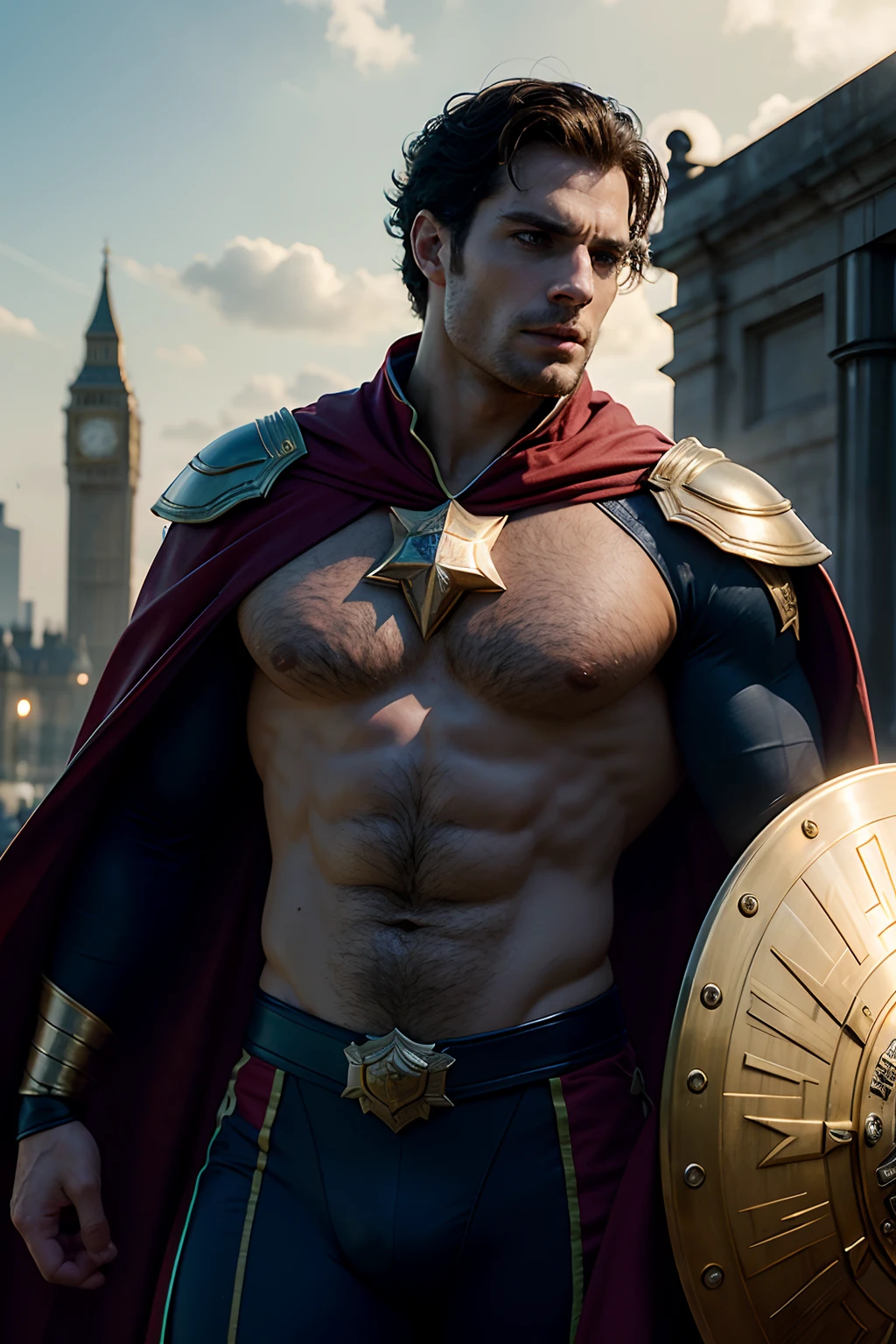 Henry Cavill as Captain Britain with cape, holding a large and round Britain shield, glowing lights, (dynamic pose), (hyper realistic:1.4), (realistic:1.3), (best quality real texture skin), full body, (Cinematic Light), highly detailed skin, skin pores, (highly detailed face:1.1), (highly detailed eyes:1.1), realistic pupils, (perfect anatomy:1.1), (perfect proportions:1.1), (photography:1.1), (photorealistic:1.1), volumetric lighting, dynamic lighting, real shadows, (highres:1.1), sharp focus, daylight, (realistic, hyperrealistic:1.4), intricate, high detail, dramatic, subsurface scattering, big depth of field, vivid, polished, sharpened, ((full Sharp)), (extremely absurdres),8k hdr, London background