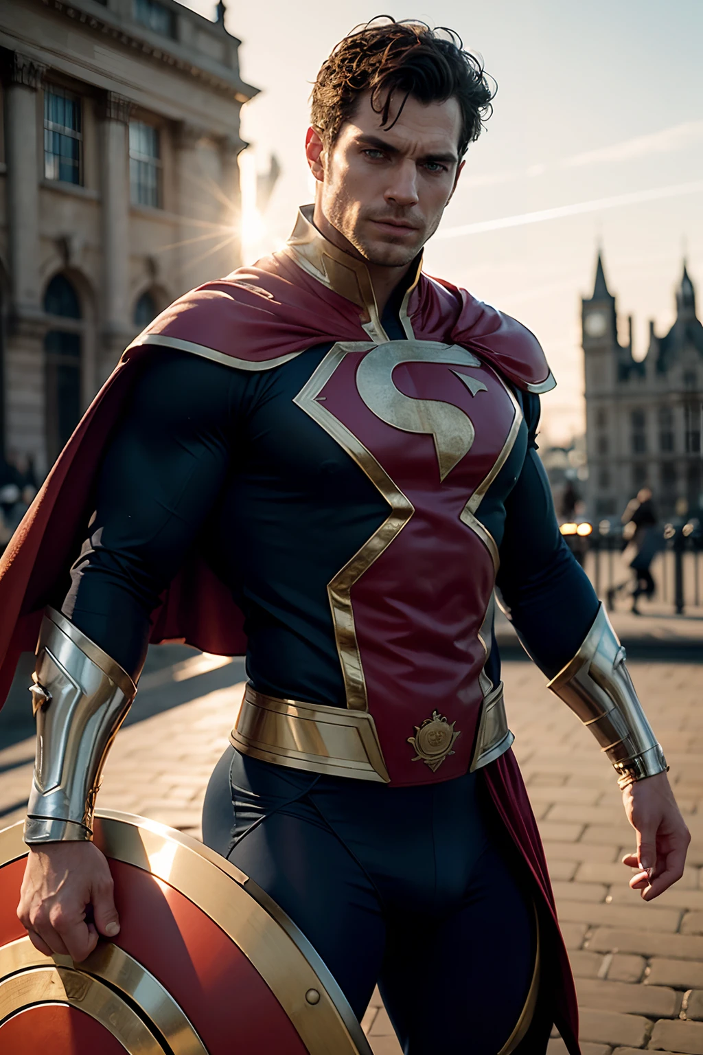 Henry Cavill as Captain Britain with cape, holding a large and round Britain shield, glowing lights, (dynamic pose), (hyper realistic:1.4), (realistic:1.3), (best quality real texture skin), full body, (Cinematic Light), highly detailed skin, skin pores, (highly detailed face:1.1), (highly detailed eyes:1.1), realistic pupils, (perfect anatomy:1.1), (perfect proportions:1.1), (photography:1.1), (photorealistic:1.1), volumetric lighting, dynamic lighting, real shadows, (highres:1.1), sharp focus, daylight, (realistic, hyperrealistic:1.4), intricate, high detail, dramatic, subsurface scattering, big depth of field, vivid, polished, sharpened, ((full Sharp)), (extremely absurdres),8k hdr, London background