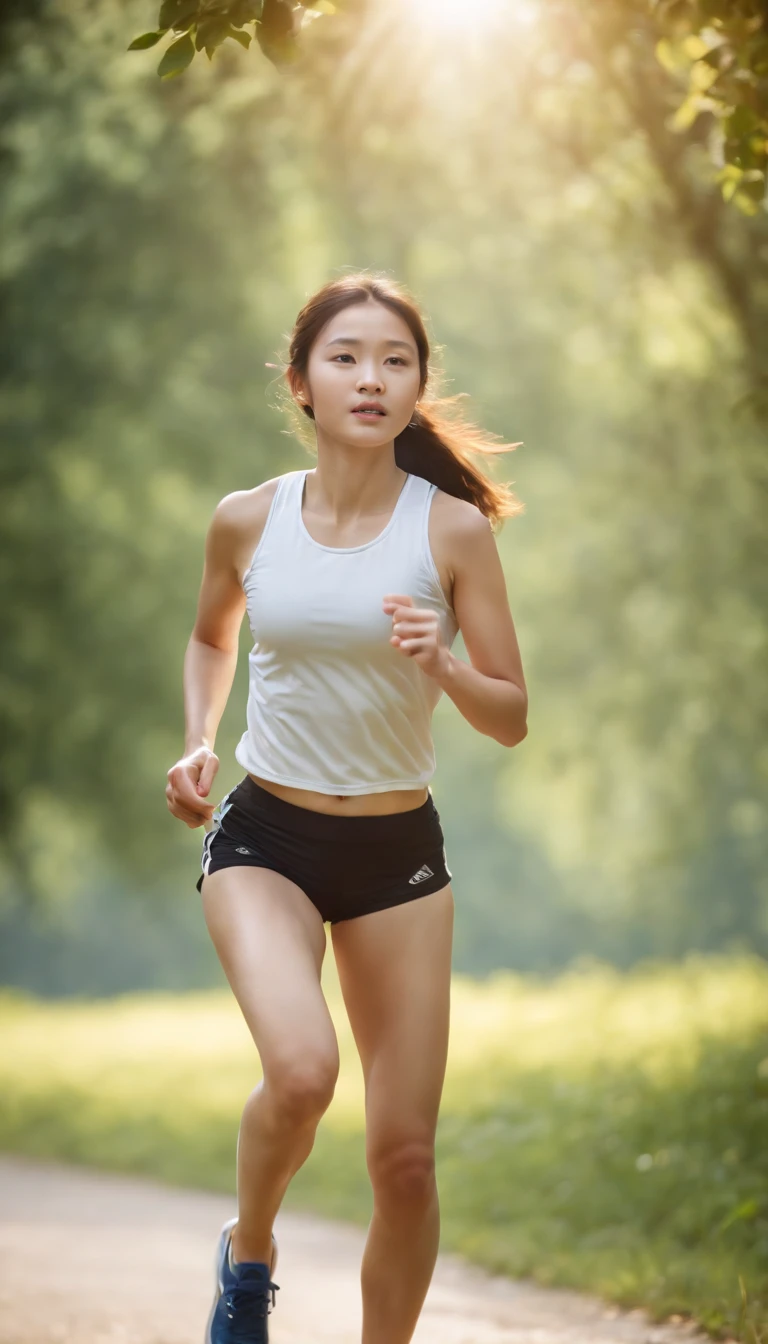 best quality, high resolution, ultra-detailed, , Chinese girl, teenager, sport ts, running, sweating, jogging, garden, morning, realistic lighting, vibrant colors, fresh air, energetic atmosphere, dynamic movement, sunlight filtering through the trees, dewdrops on the grass, natural surroundings