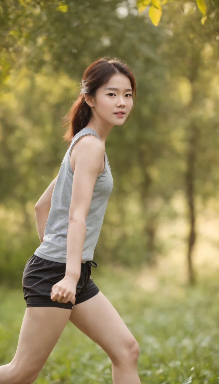 best quality, high resolution, ultra-detailed, 15-year-old girl, Chinese girl, teenager, sport shorts, running, sweating, jogging, garden, morning, realistic lighting, vibrant colors, fresh air, energetic atmosphere, dynamic movement, sunlight filtering through the trees, dewdrops on the grass, natural surroundings