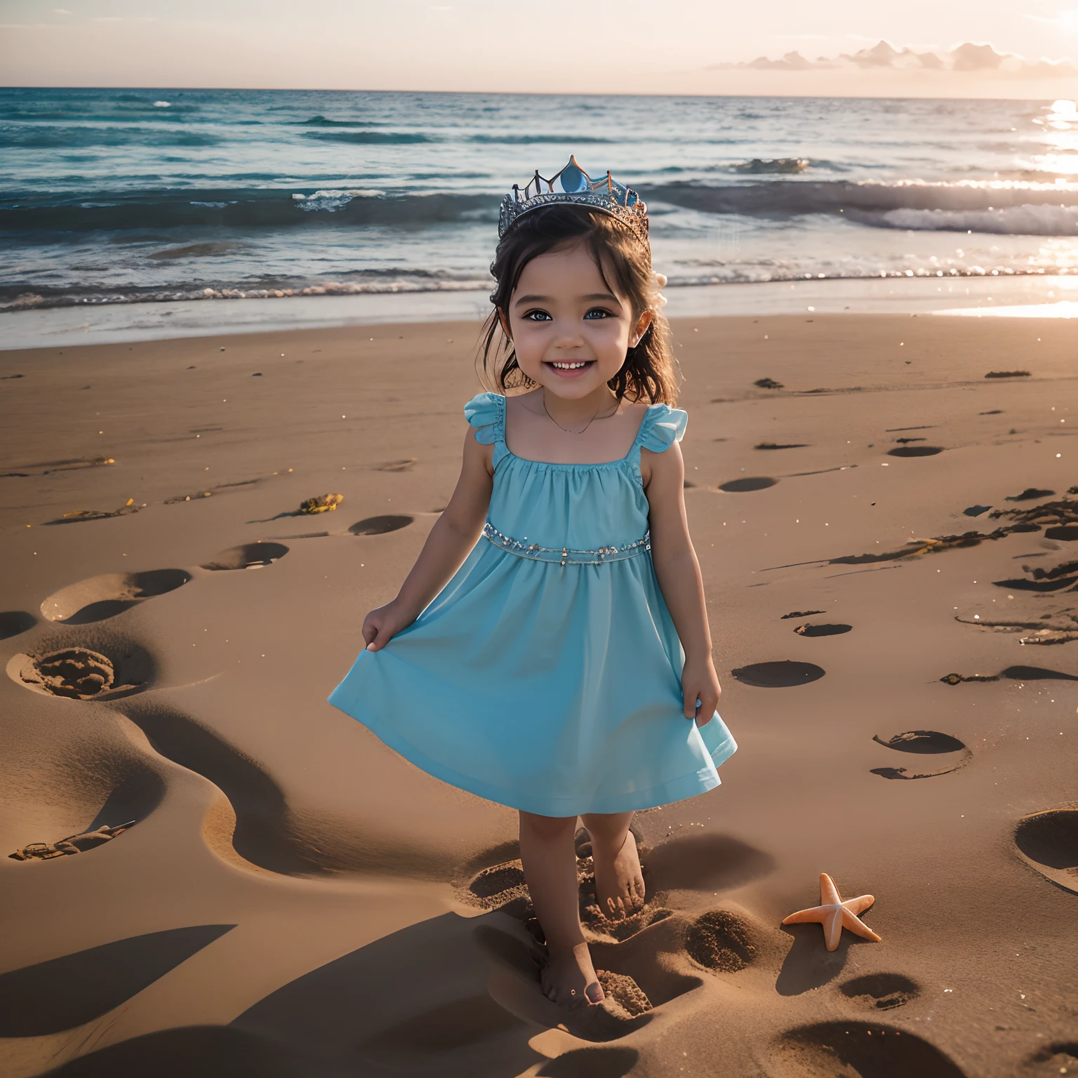 a 3-year-old child, brincando de rainha do mar, sorridente na areia da praia. Wears a beautiful light blue dress full of pearls, The atmosphere is at dusk, with a beautiful sunset. Com lindos e brilhantes olhos azuis claro. Her hair is large and black and with a beautiful crown with pearls and shells On the sand of the beach has some shells and starfish.  hiper-realista, 8k, Ultra HD | | | | | | | | | | |, Estilo Pixar, Estilo Disney, CIENMA 4D, --AR 3:2**