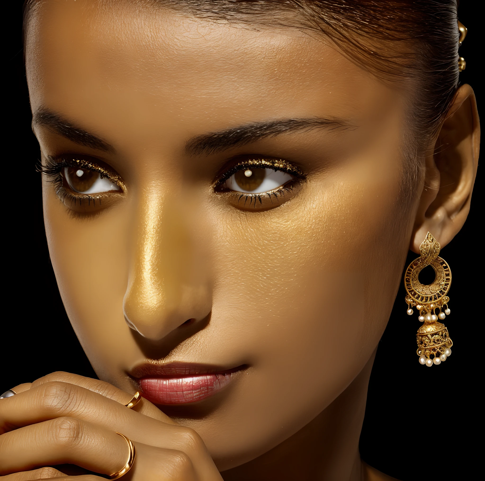 a close up of a woman highly quality, skin textures with a ring on her finger, wearing ornate earrings, with small studded earings, an earring, earrings, gold earring, earring, small studded earings, earings, girl with a pearl earringl, wearing intricate, with intricate details, golden earrings, big earrings, black jewellery, jewellery, intricate thin details in gold, 4k ,ultra hd