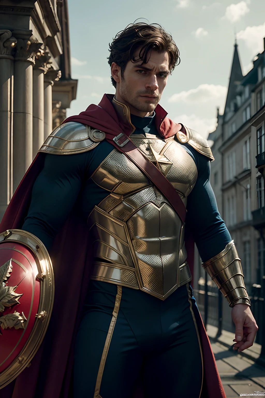 Henry Cavill as Captain Britain with cape, holding a large and round Britain shield, glowing lights, (dynamic pose), (hyper realistic:1.4), (realistic:1.3), (best quality real texture skin), full body, (Cinematic Light), highly detailed skin, skin pores, (highly detailed face:1.1), (highly detailed eyes:1.1), realistic pupils, (perfect anatomy:1.1), (perfect proportions:1.1), (photography:1.1), (photorealistic:1.1), volumetric lighting, dynamic lighting, real shadows, (highres:1.1), sharp focus, daylight, (realistic, hyperrealistic:1.4), intricate, high detail, dramatic, subsurface scattering, big depth of field, vivid, polished, sharpened, ((full Sharp)), (extremely absurdres),8k hdr, London background