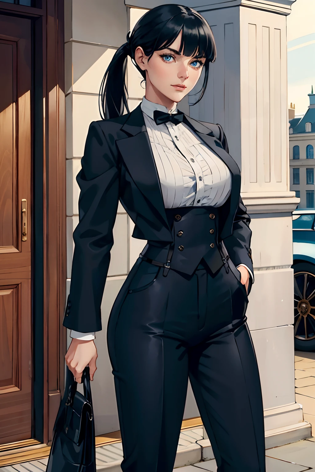 Woman, pale skin, blue eyes, detailed beautiful blue eyes, beautiful and attractive body black hair with bangs in a ponytail, black hair with bangs, black suit, riding a black horse, black riding boots, 1913, london in 1913, england 1913, woman in suit, black suit without blazer, black pants, white blouse, black suspenders,