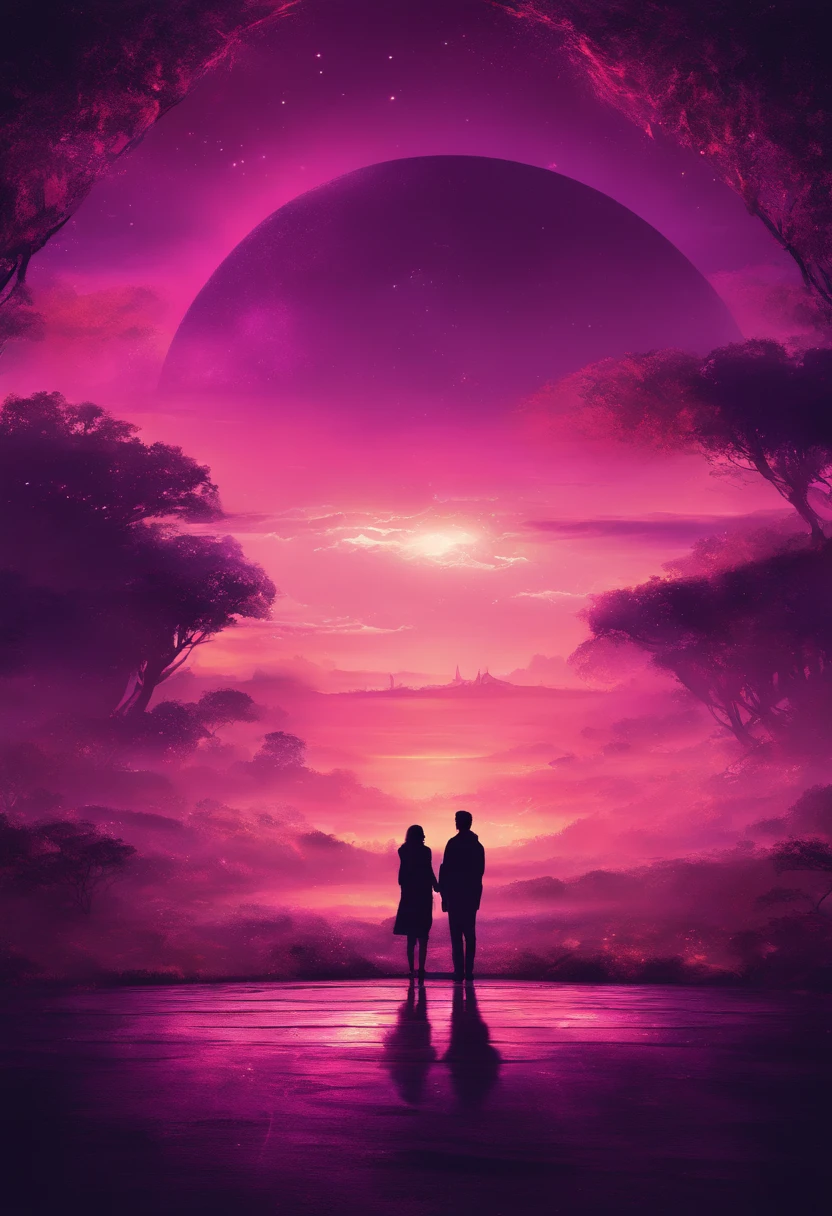 Cielo Profundo, Colores Morados de fondo, Ambiente Mistico, Romantic atmosphere, 2 Personas irradiando luz,besandose y desprendiendo luz en todas direcciones --auto