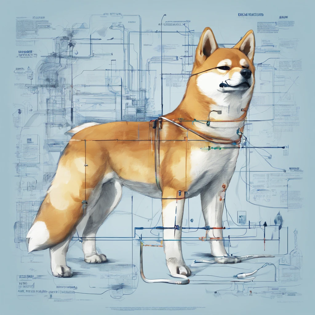 ( shiba inu ),(Best Pose),(best angle), (Better self-expression), beutiful, coloration, Background: Wall with wiring diagrams in blue