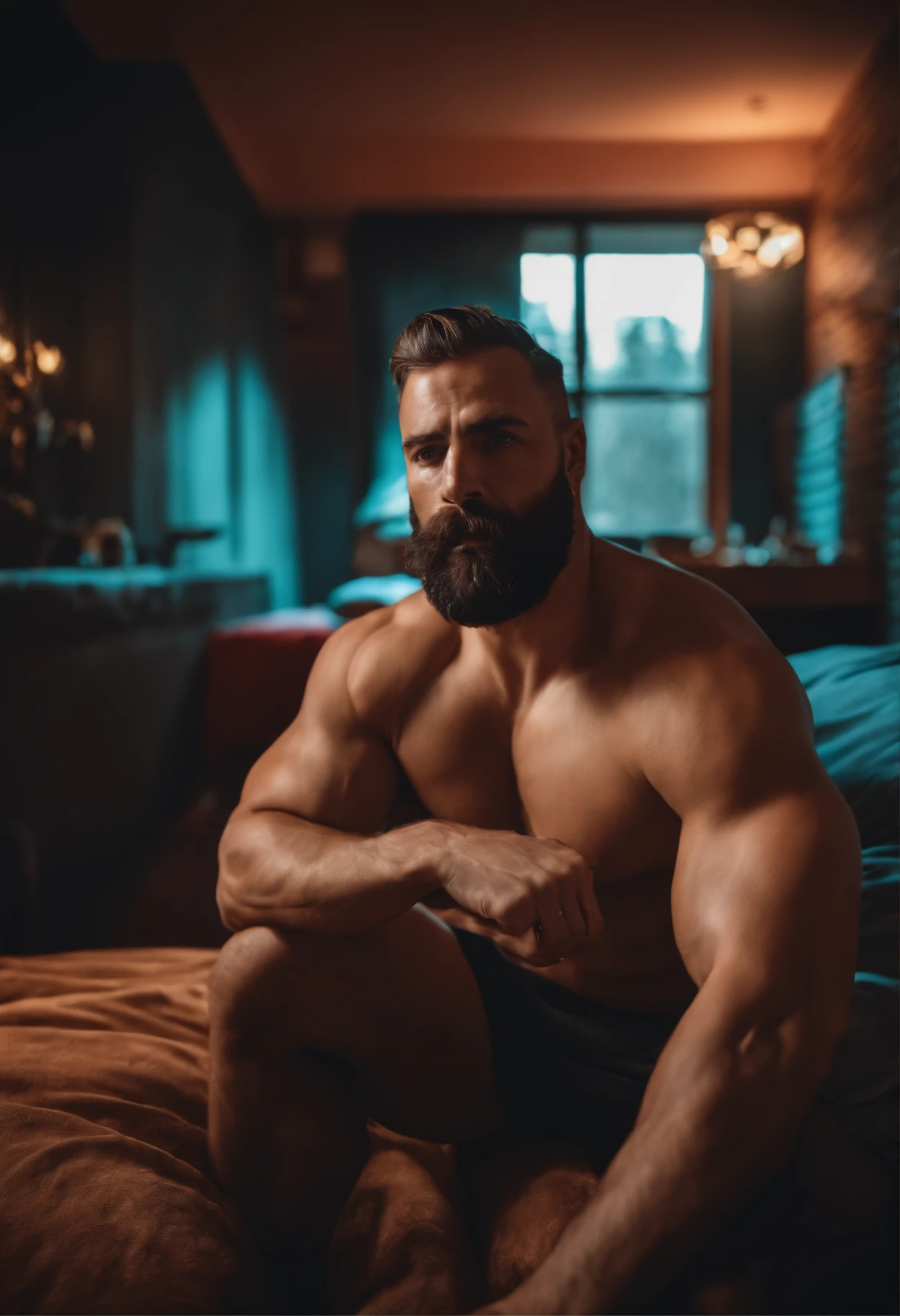Homem musculoso, Bearded cop only in underwear in bedroom