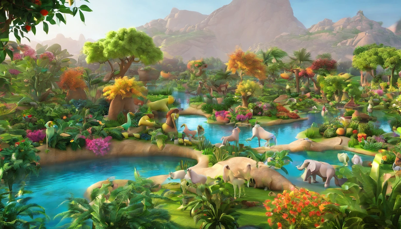 "Create a 3D illustration of the Garden of Eden: A panoramic image of the beautiful garden where Adam and Eve lived, featuring lush fruit-bearing trees, a variety of animals, and a winding river. Capture the idyllic essence of this paradise, with vibrant flora and fauna coexisting harmoniously. Pay attention to intricate details in the foliage, the graceful movement of the river, and the presence of both common and exotic creatures. The scene should be bathed in soft, natural light, emphasizing the serene and peaceful nature of this biblical setting."