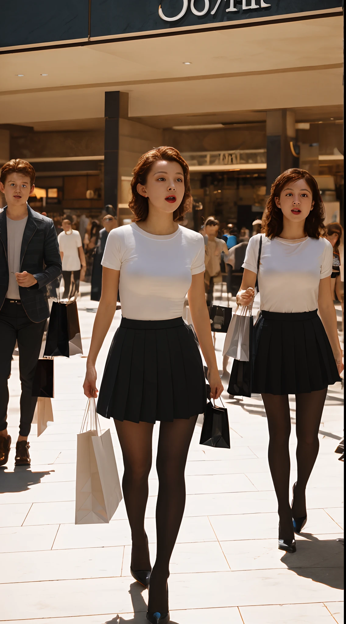 ((Tom Holland)), white t-shirt, pleated skirt, black tights to the waist, high heels, female body, full body photo, puffy nipples, very fair skin, short hair, wavy hair, shopping mall, photorealistic, indirect lighting, volumetric light, ray tracing, hyperdetailed