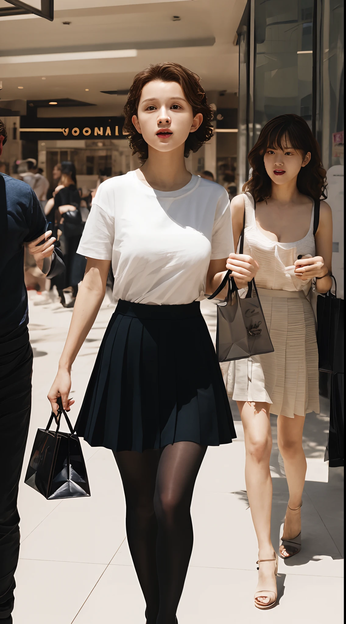 ((Tom Holland)), white t-shirt, pleated skirt, black tights to the waist, high heels, female body, full body photo, puffy nipples, very fair skin, short hair, wavy hair, shopping mall, photorealistic, indirect lighting, volumetric light, ray tracing, hyperdetailed