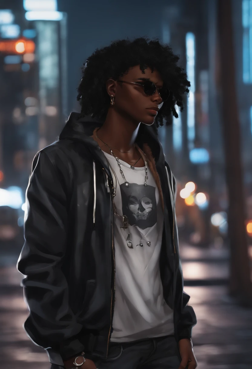 Personagem negro de 15 anos, com cabelo preto curto. Usa capuz preto e jeans. Usa celular preto com tela grande e adesivo de hacker. It's standing on a dark street, olhando para o celular, ((Estilo anime)), (estilo anime), ((anime))