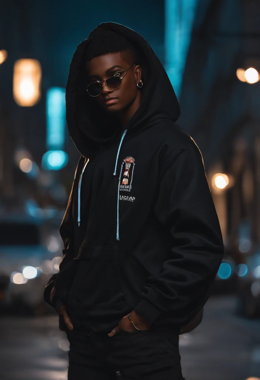 Personagem negro de 15 anos, com cabelo preto curto. Usa capuz preto e jeans. Usa celular preto com tela grande e adesivo de hacker. It's standing on a dark street, olhando para o celular, ((Estilo anime)), (estilo anime), ((anime))