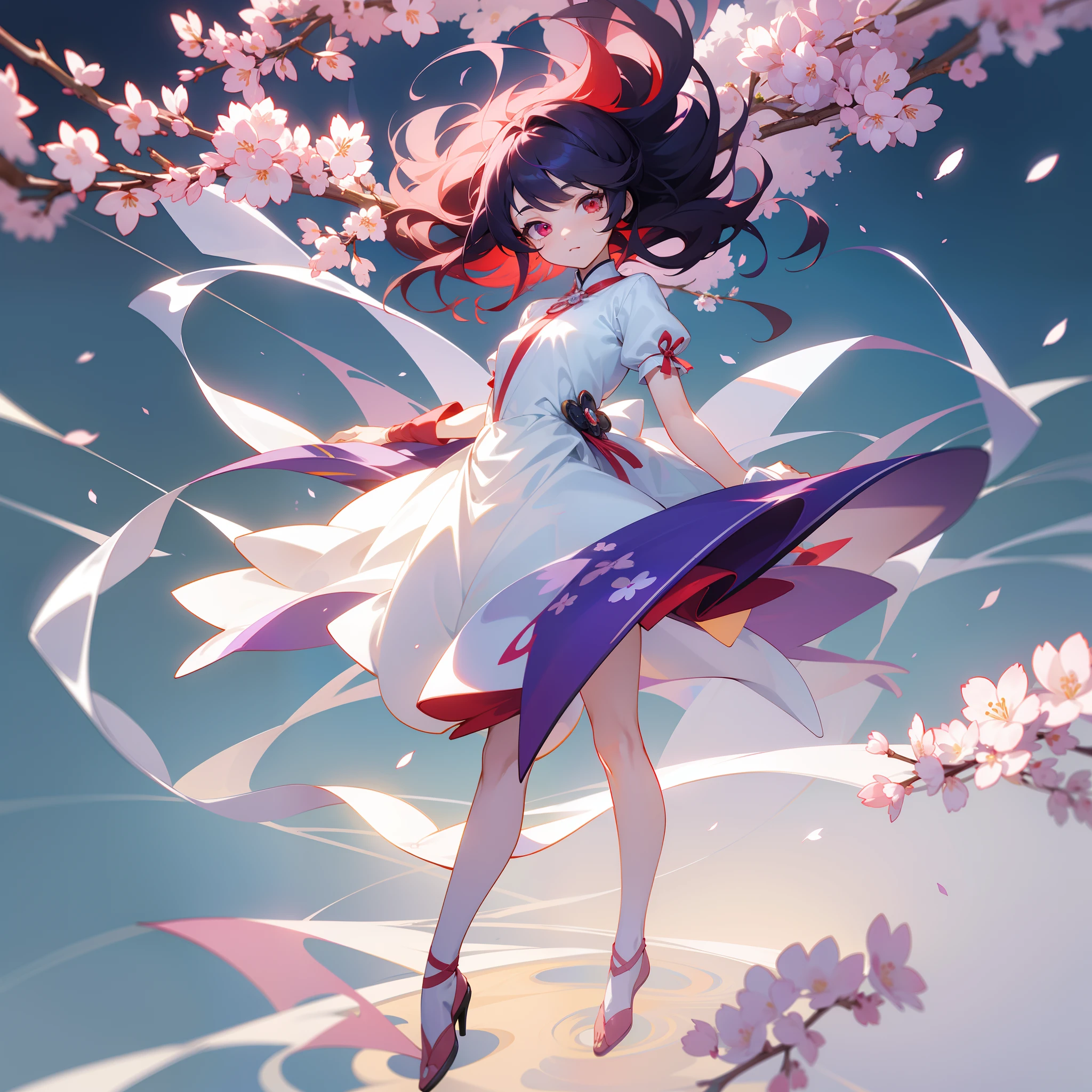 White background,Full body,Cherry blossoms are dancing,Woman floating with telekinesis,独奏,Odd-eyed hair with dark purple red eyes and yellow eyes,,full body Esbian, Lineless, an alien, Anoledo Rendering,Lightwave,, octan render