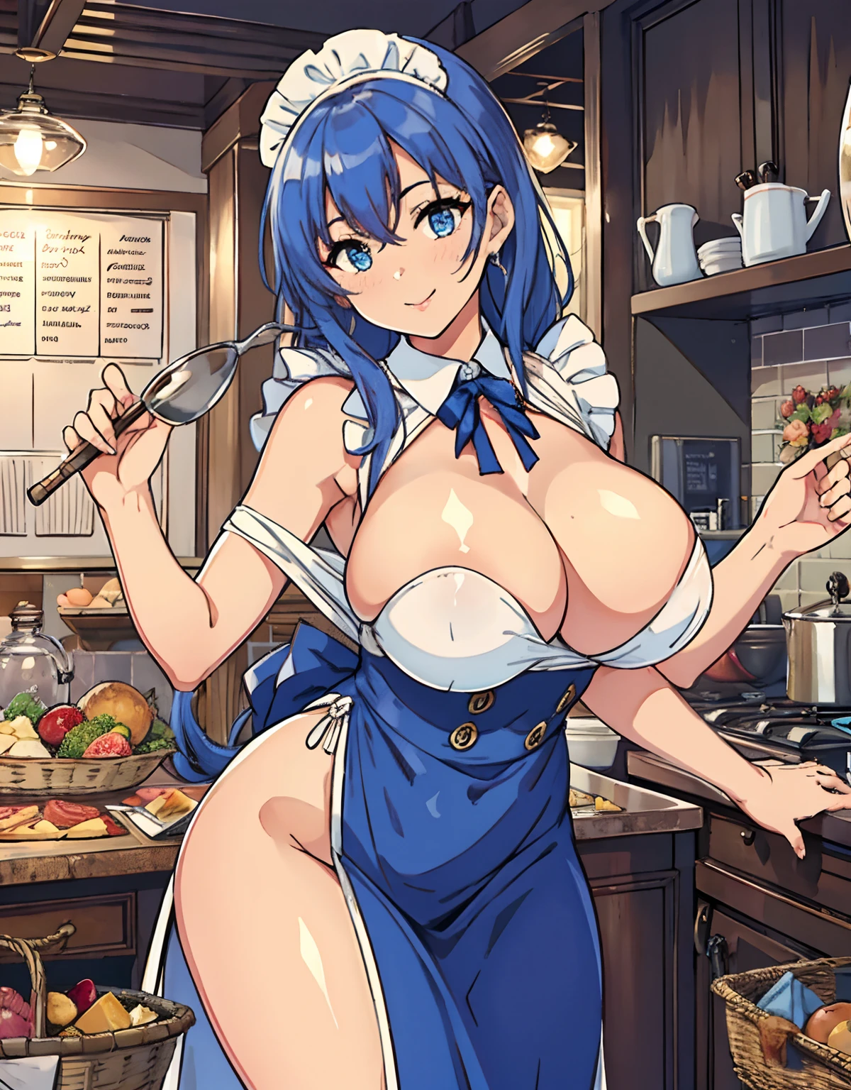 (Best Quality, Masterpiece),sexy mommy, Front cover of a women's cooking magazine,naked,  erotic, 18+, nsfw, 1girl, 30 years old, stunning, cute, smile, hourglass figure, Maid costume, beautiful food, text, diagrams, advertisements, magazine title,                                                                                      long blue hair,blue detailed sparkling eyes,One strand of hair hangs down over his forehead