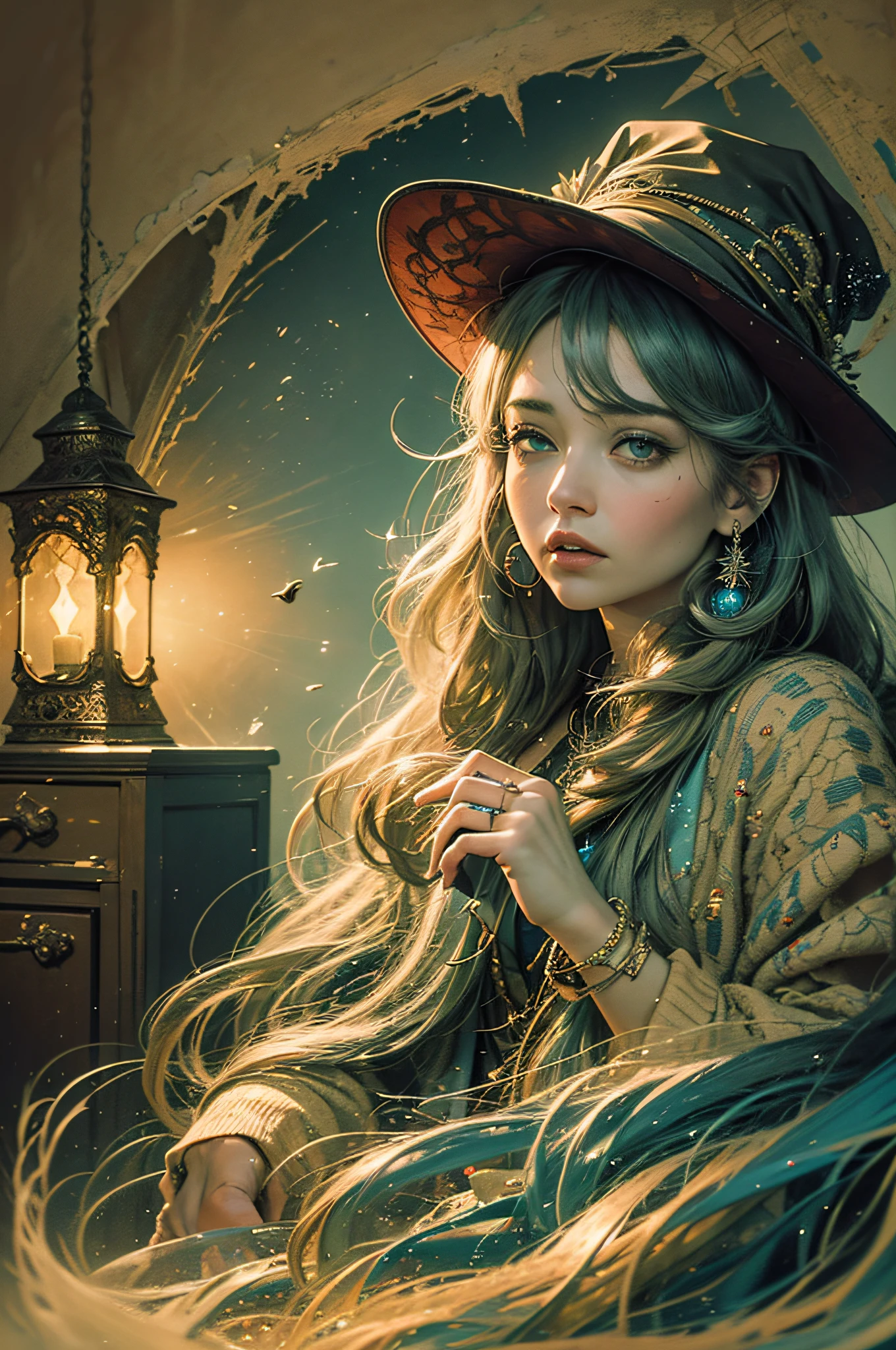 johnny depp, (Best Quality), Detailed, UHD, cinematic lighthing, foco nítido, (illustration:1.1), intrincado, Velho Mago com longos cabelos brancos e barba, wearing pajamas and a wizard's hat, ponderando um cristal azul brilhante, em uma sala mal iluminada, sala do mago, luzes brilhantes, luzes cintilantes, --auto --s2