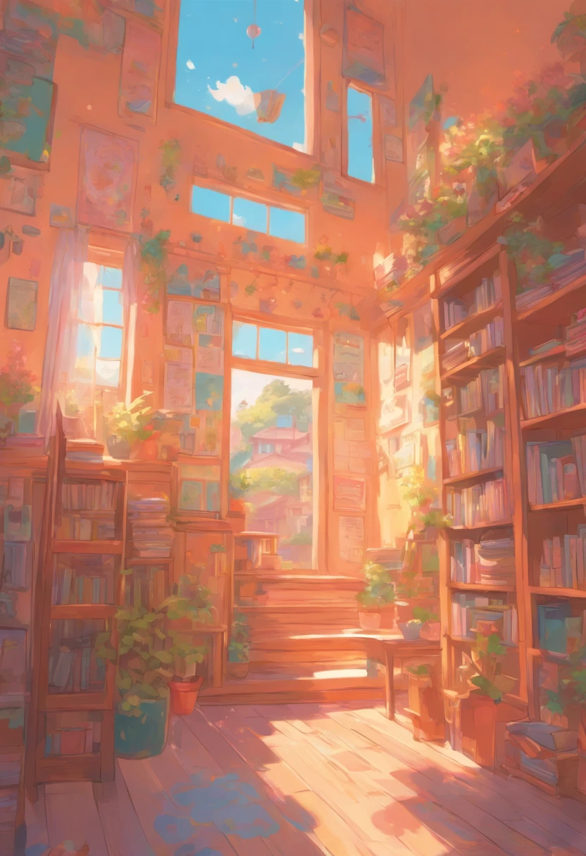 foreshortening,  depth of field, masterpiece, best quality, interior of a house, cel shaded, cute pastel color art, whimsical, artistic, flat colors, textured, use of color theory, lovely, perfect, coloring book page