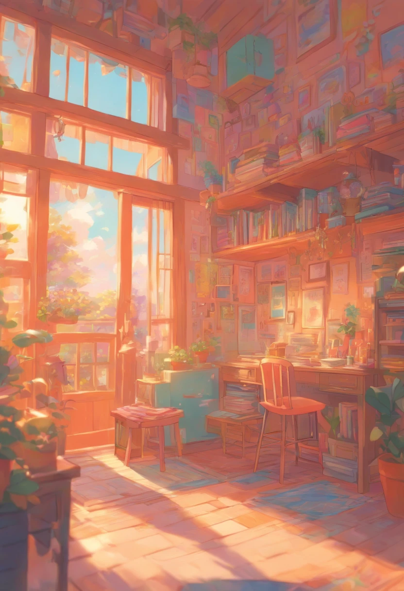 foreshortening, depth of field, masterpiece, best quality, interior of a house, cel shaded, cute pastel color art, whimsical, artistic, flat colors, textured, use of color theory, lovely, perfect, coloring book page