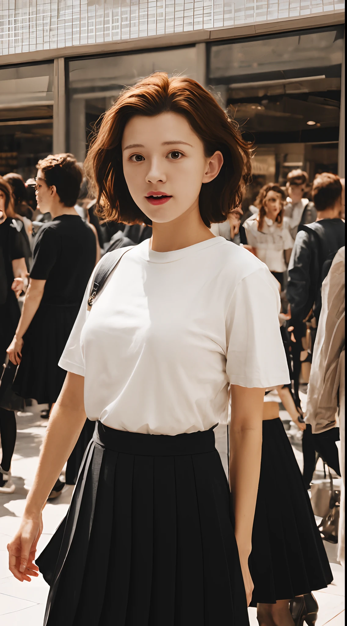 ((Tom Holland)), white t-shirt, pleated skirt, black tights to the waist, high heels, female body, full body photo, puffy nipples, very fair skin, short hair, wavy hair, shopping mall, photorealistic, indirect lighting, volumetric light, ray tracing, hyperdetailed