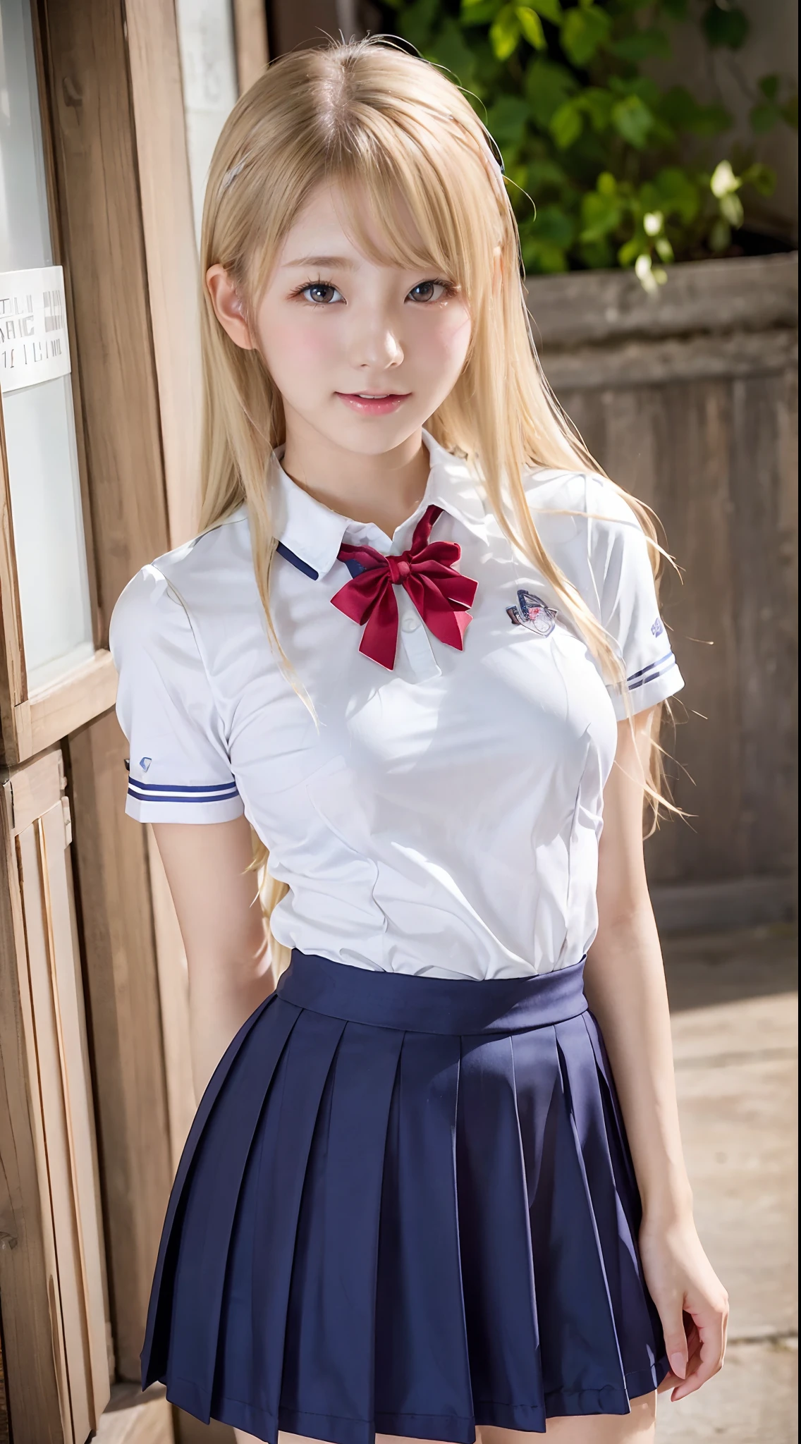Sexy and very beautiful cute face、shiny beautiful skin、White beautiful skin、Beautiful pale light blue eyes, Beautiful very long blonde hair、(Blonde hair:1.3)、Sexy swaying bangs、18 years old cute little face beautiful girl、High School Uniform、Neat and clean uniform、(High School Uniform:1.2)、(dynamicposes:1.4)、