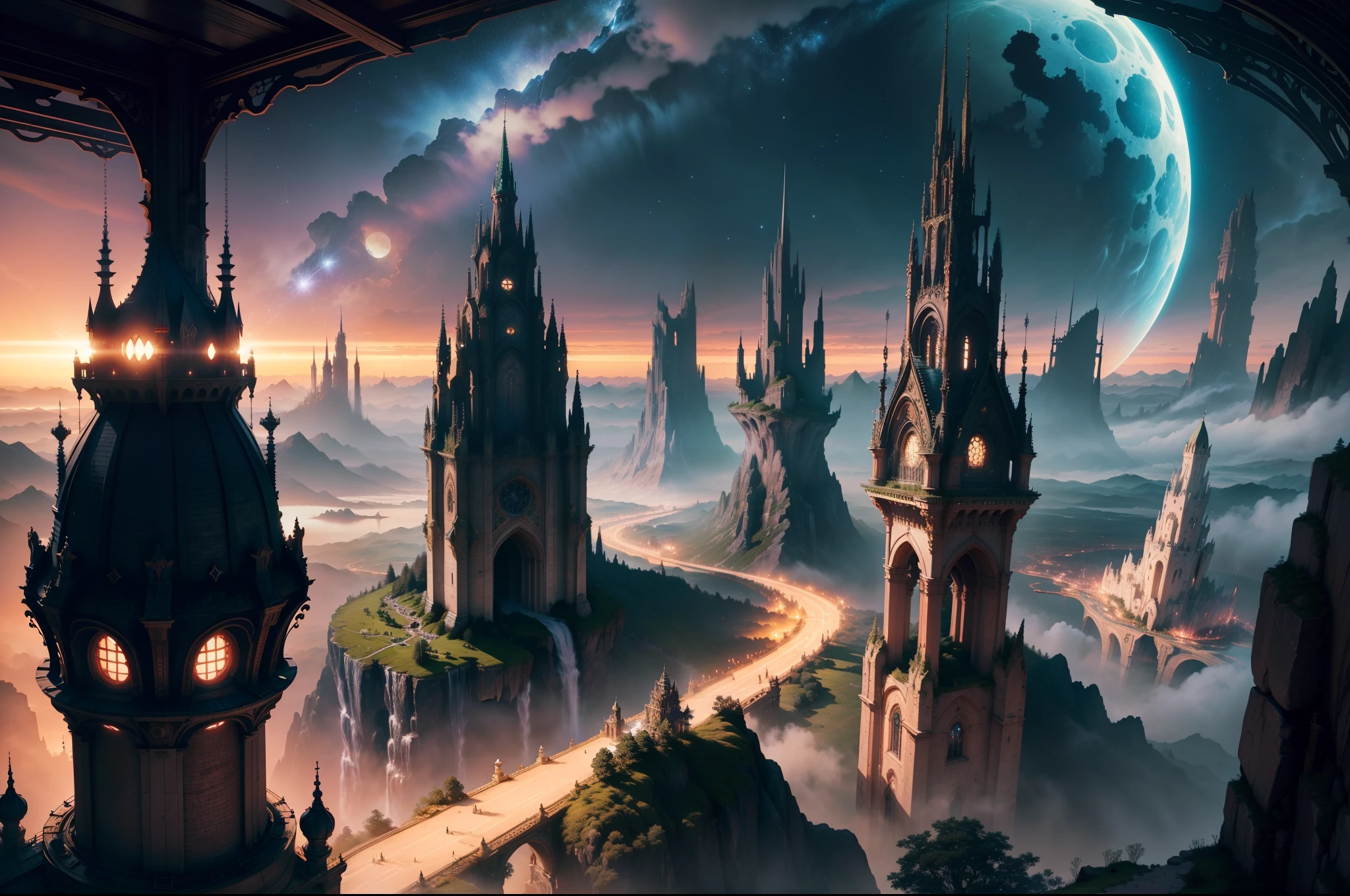 best quality,4k,8k,highres,masterpiece:1.2,ultra-detailed,realistic:1.37,final fantasy cityscape,ht scene,elaborate architecture,twinkling lights,floating islands,impressive skyline,detailed city streets,ethereal atmosphere,magical elements,mystical creatures,flying airships,giant crystals,grandiose castles,epic battles,vivid colors,futuristic technology,lush greenery,enchanted forests,starry sky,glowing moon,sparkling waterfalls,expansive bridges,imposing statues,dynamic camera angles,immersive perspective,dynamic lighting,shadows and highlights,rich textures,magical spells and effects,epic sense of scale,awe-inspiring,creation of a fantasy world --auto