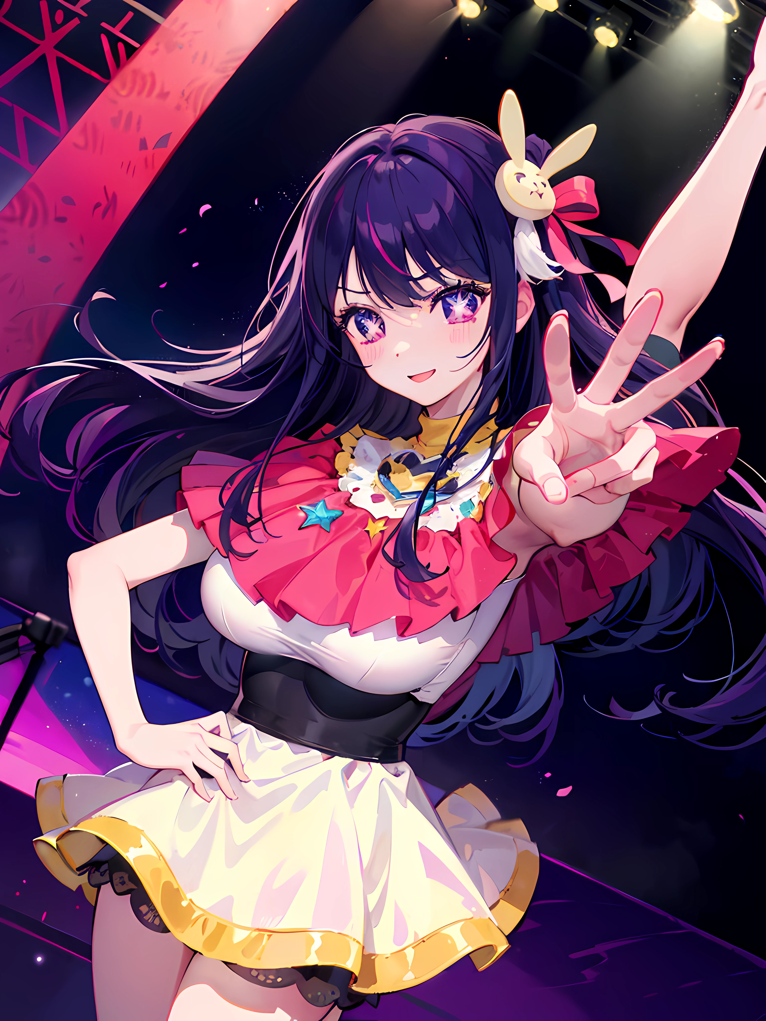 1 girl,(Ai Hoshino, Long hair, Purple hair, Striped hair ,Purple eyes, Star-shaped pupils, hair adornments) ,((Masterpiece)), (Best quality), (Beautiful detailed eyes), (Ultra-detailed), (finedetail), (A high resolution), 8K, Cinematic lighting, Colorful, 1 girl, Cute, Professional photo details of a stunning girl, Sharp focus, Dramatic, Lovely smile, cheerful big breasts, On stage, spotlight, Cute idol costumes, Concert, Cowboy shot, Dynamic Angle, Dutch angle, Dancing, (kawaii, pastel colour),、nice hand, Perfect hands,