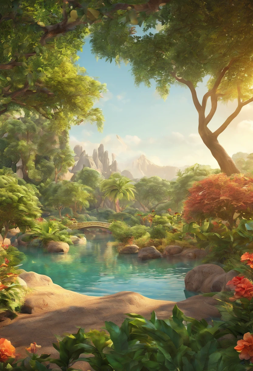 "Create a 3D illustration of the Garden of Eden: A panoramic image of the beautiful garden where Adam and Eve lived, featuring lush fruit-bearing trees, a variety of animals, and a winding river. Capture the idyllic essence of this paradise, with vibrant flora and fauna coexisting harmoniously. Pay attention to intricate details in the foliage, the graceful movement of the river, and the presence of both common and exotic creatures. The scene should be bathed in soft, natural light, emphasizing the serene and peaceful nature of this biblical setting."