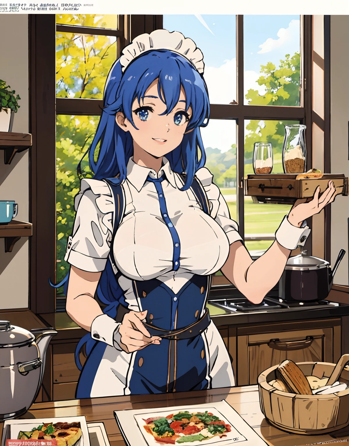 (Best Quality, Masterpiece),sexy mommy, Front cover of a women's cooking magazine,naked,  erotic, 18+, nsfw, 1girl, 30 years old, stunning, cute, smile, hourglass figure, Maid costume, beautiful food, text, diagrams, advertisements, magazine title,                                                                                      long blue hair,blue detailed sparkling eyes,One strand of hair hangs down over his forehead