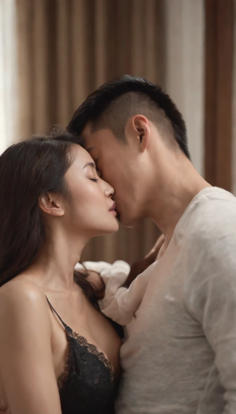 1 girl and 1 man, Chinese, having sex in living room, sofa, naked, kissing, penetration, showing the climax expression