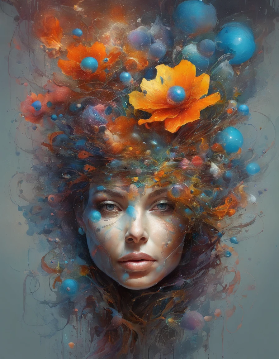biomechanical style illustration beautiful woman, colorful melting human head. acrylic bubbles and flowers, ferrofluids, water distortions. looking up, intricate abstract. intricate artwork. beeple. blend of organic and mechanical elements, futuristic, cybernetic, detailed, intricate, dark theme, (in awe:1.2), confident, (surprised:0.7), natural skin, style of Stan Manoukian, physically based unbiased rendering, natural lighting, soft shadows, extremely high-resolution details, photographic, realism pushed to extreme, fine texture, 4k, ultra-detailed, high quality, high contrast