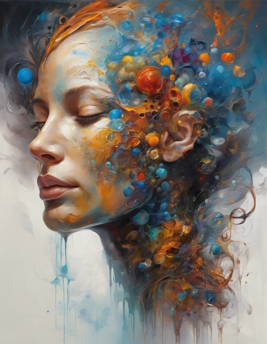 biomechanical style illustration beautiful woman, colorful melting human head. acrylic bubbles and flowers, ferrofluids, water distortions. looking up, intricate abstract. intricate artwork. beeple. blend of organic and mechanical elements, futuristic, cybernetic, detailed, intricate, dark theme, (in awe:1.2), confident, (surprised:0.7), natural skin, style of Stan Manoukian, physically based unbiased rendering, natural lighting, soft shadows, extremely high-resolution details, photographic, realism pushed to extreme, fine texture, 4k, ultra-detailed, high quality, high contrast