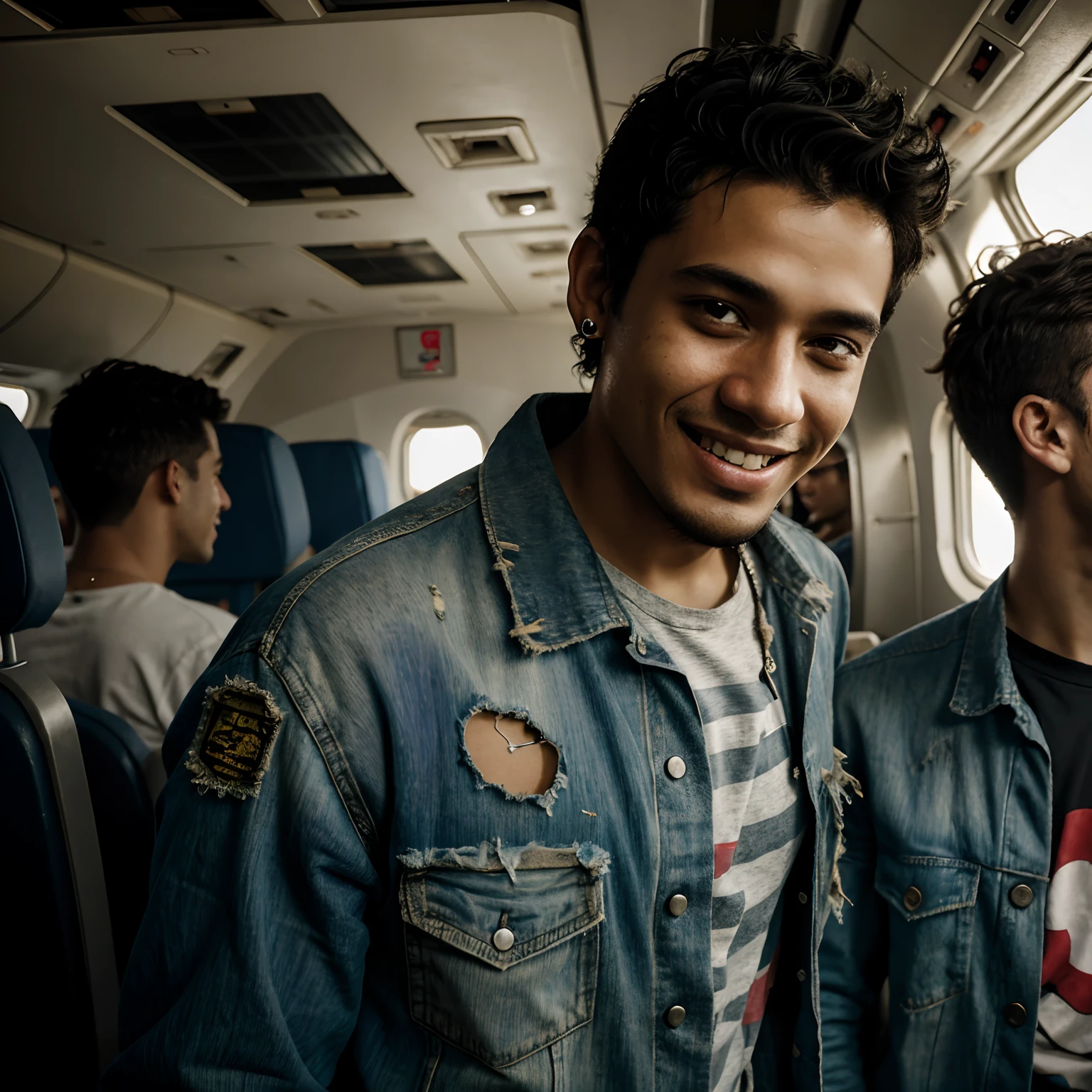 happy,Man arafo standing, smiling, background blurred, rags, wearing tattered clothes, album art, rough face, mid-plane portrait, andres rios, portrait of a rude young man, alex flores, portrait image, enes dirig, robust details