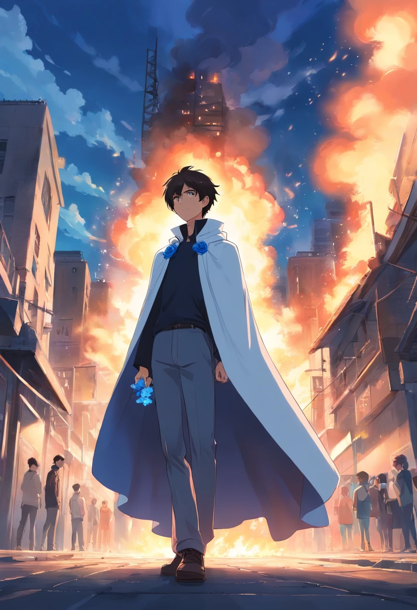 A teenage man all dressed in white with a black cape holding a blue rose in his left hand stands behind this young man to a burning city
