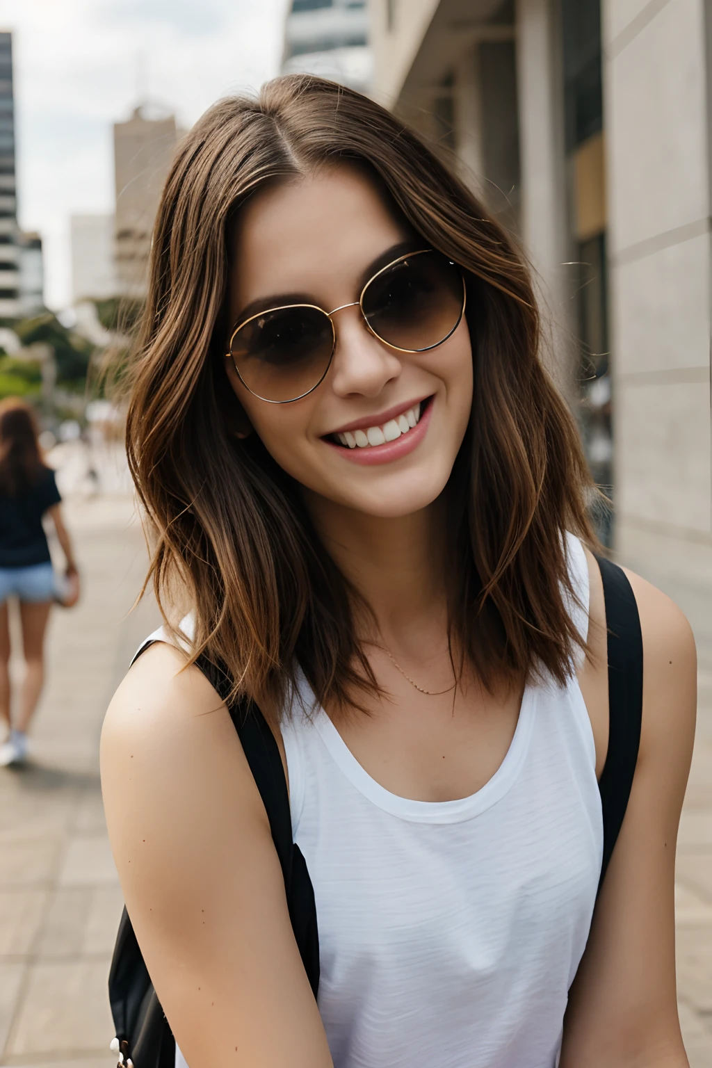 mulher de 27 anos, of sunglasses, cabelos castanho escuro long bob na altura dos ombros, cabelo na altura dos ombros, vestindo roupas escuras, having fun in São Paulo city, high detailed background, Ultra Qualidade