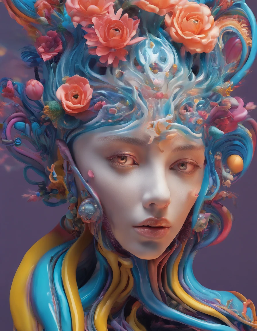 biomechanical style illustration beautiful woman, colorful melting human head. acrylic bubbles and flowers, ferrofluids, water distortions. looking up, intricate abstract. intricate artwork. beeple. blend of organic and mechanical elements, futuristic, cybernetic, detailed, intricate, dark theme, (in awe:1.2), confident, (surprised:0.7), natural skin, style of Stan Manoukian, physically based unbiased rendering, natural lighting, soft shadows, extremely high-resolution details, photographic, realism pushed to extreme, fine texture, 4k, ultra-detailed, high quality, high contrast