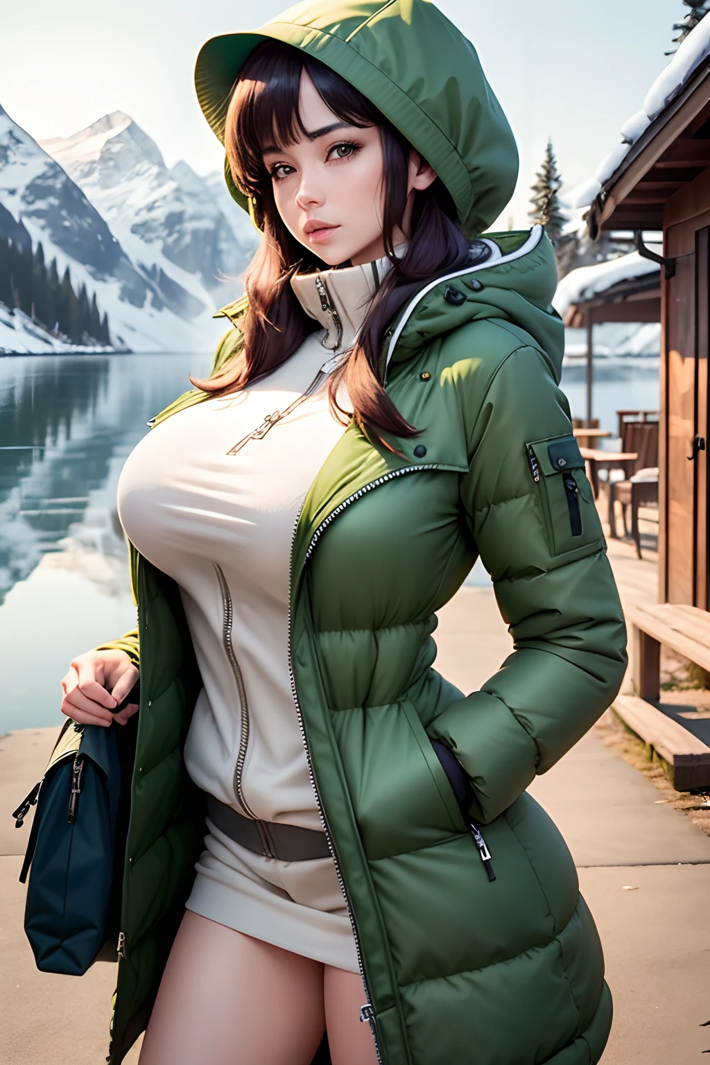 Make a woman with big breast, Green long winterjacket , with open zipper, with face, body, Lakeside house, travel bag, dog nude