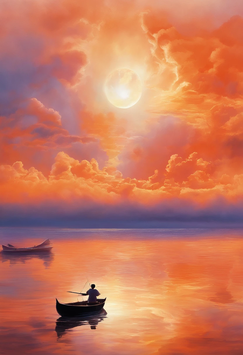 landscape, Solar perspective of cloudy sky, small rowboat in the clouds heading towards the horizon, boy (or male figure) sits in rowboat, lite orange skyline, sunset.