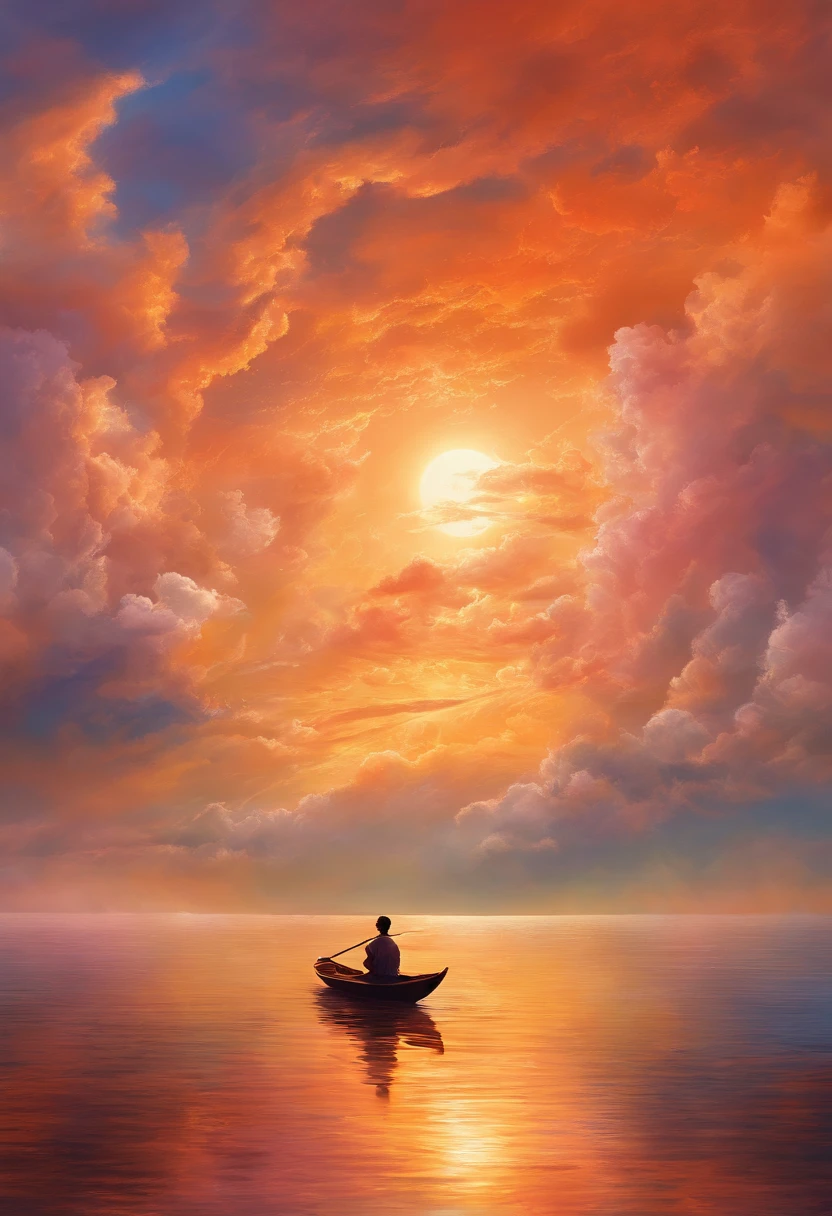 landscape, Solar perspective of cloudy sky, small rowboat in the clouds heading towards the horizon, boy (or male figure) sits in rowboat, lite orange skyline, sunset.