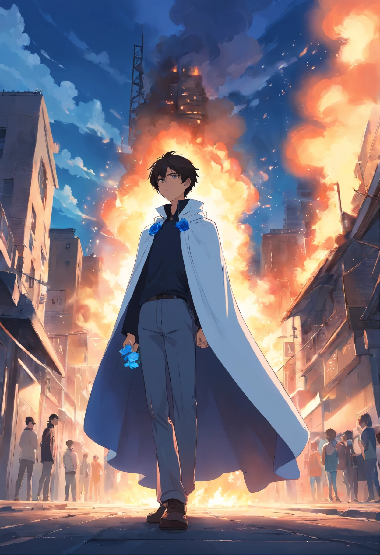 A teenage man all dressed in white with a black cape holding a blue rose in his left hand stands behind this young man to a burning city