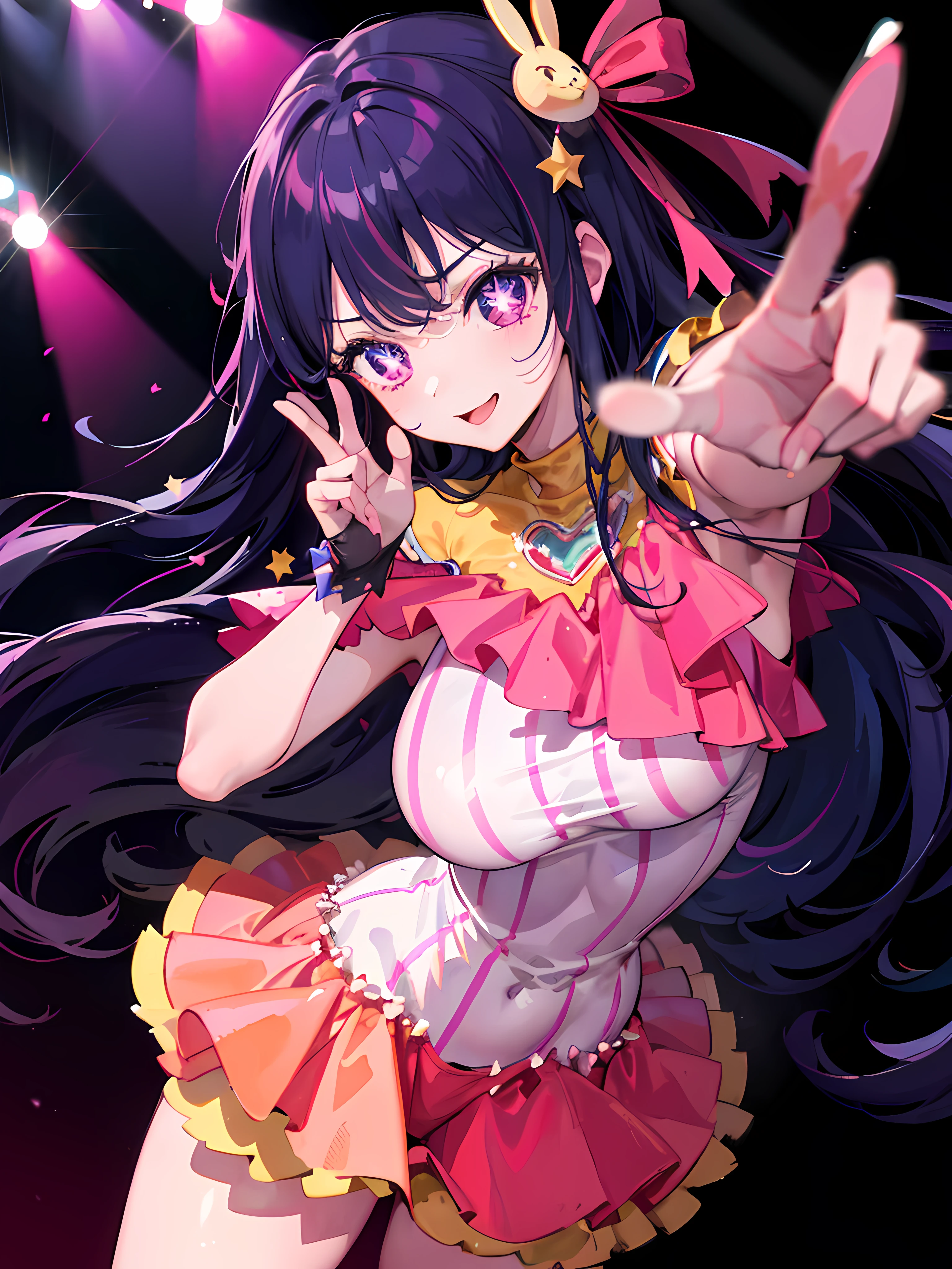 1 girl,(Ai Hoshino, Long hair, Purple hair, Striped hair ,Purple eyes, Star-shaped pupils, hair adornments) ,((Masterpiece)), (Best quality), (Beautiful detailed eyes), (Ultra-detailed), (finedetail), (A high resolution), 8K, Cinematic lighting, Colorful, 1 girl, Cute, Professional photo details of a stunning girl, Sharp focus, Dramatic, Lovely smile, cheerful big breasts, On stage, spotlight, Cute idol costumes, Concert, Cowboy shot, Dynamic Angle, Dutch angle, Dancing, (kawaii, pastel colour),、nice hand, Perfect hands,