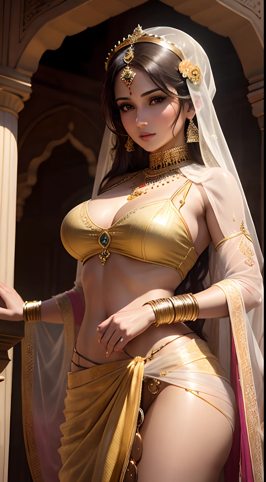 Sunny Leone, as a Mughal princess, wearing a fully transparent sarong, standing by a pillar, rear view, holding an ornate dupatta over her chest, upper body, closeup, large breasts visible, standing in Mughal court