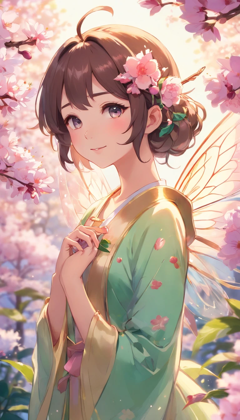 a drawing of a fairy with a rose in her hand,Transparent and lightweight wings like cicada wings,oil shiny skin,Barott style classical garden,Aerial view,Concept art,sky,study of a flower fairy, fairy aesthetics, space flower fairy, faerie, portrait of a fairy, portrait of fairy, smiling as a queen of fairies, queen of the fairies, beautiful fairy, the non-binary deity of spring, fairy queen, elf girl wearing an flower suit, fairylike,Peach blossom, cherry blossom, orchid, hyacinth, plum blossom, rose