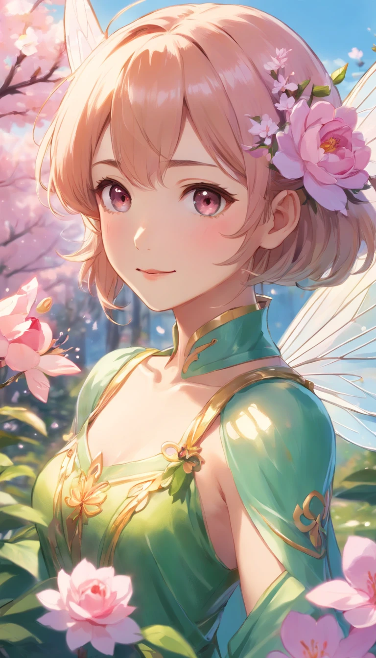 a drawing of a fairy with a rose in her hand,Transparent and lightweight wings like cicada wings,oil shiny skin,Barott style classical garden,Aerial view,Concept art,sky,study of a flower fairy, fairy aesthetics, space flower fairy, faerie, portrait of a fairy, portrait of fairy, smiling as a queen of fairies, queen of the fairies, beautiful fairy, the non-binary deity of spring, fairy queen, elf girl wearing an flower suit, fairylike,Peach blossom, cherry blossom, orchid, hyacinth, plum blossom, rose