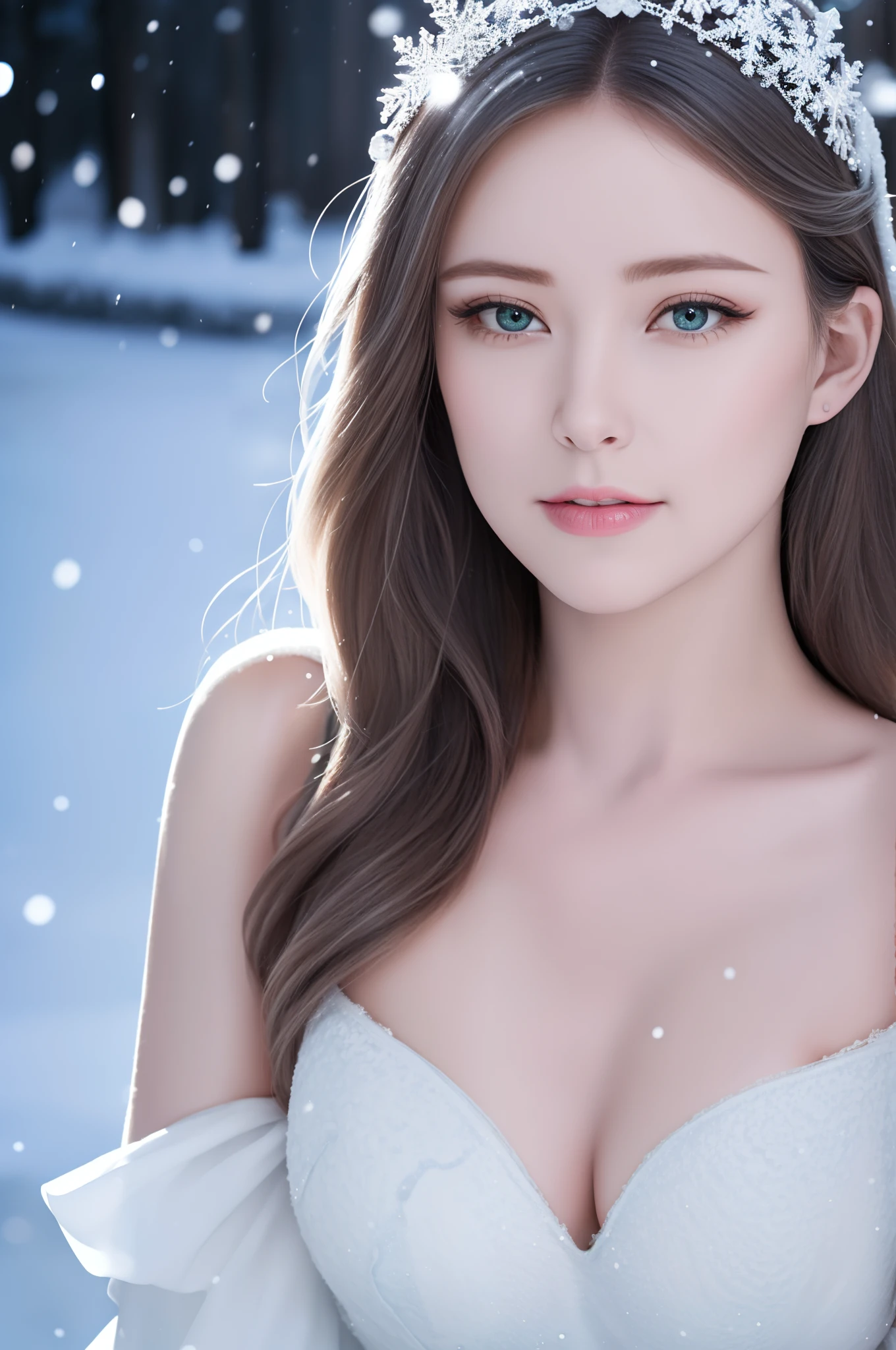 (best quality,4k,8k,highres,masterpiece:1.2),ultra-detailed,(realistic,photorealistic,photo-realistic:1.37),snow queen,beautiful detailed eyes,beautiful detailed lips,extremely detailed eyes and face,long eyelashes,snow-covered palace,winter wonderland,crown of ice,braided hair,sparkling snowflakes,ethereal beauty,snowflakes swirling around,snow-covered trees,gorgeous snow queen,glowing ice shards,powdery snow,snowflakes glistening in the sunlight,majestic and graceful presence,snow-capped mountains,icy breath,hint of blue and silver in the color scheme,dramatic lighting,soft snow falling,queen's regal gown,subtle shades of white and blue,icy palace walls,crystal-like skin,icy green eyes, ultra-realistic, photorealistic, photograph, photogenic, bokeh, cleavage, bare shoulders, concentrated expression, realistic big breasts, reading glasses, (upon body from head to thighs:1.35).