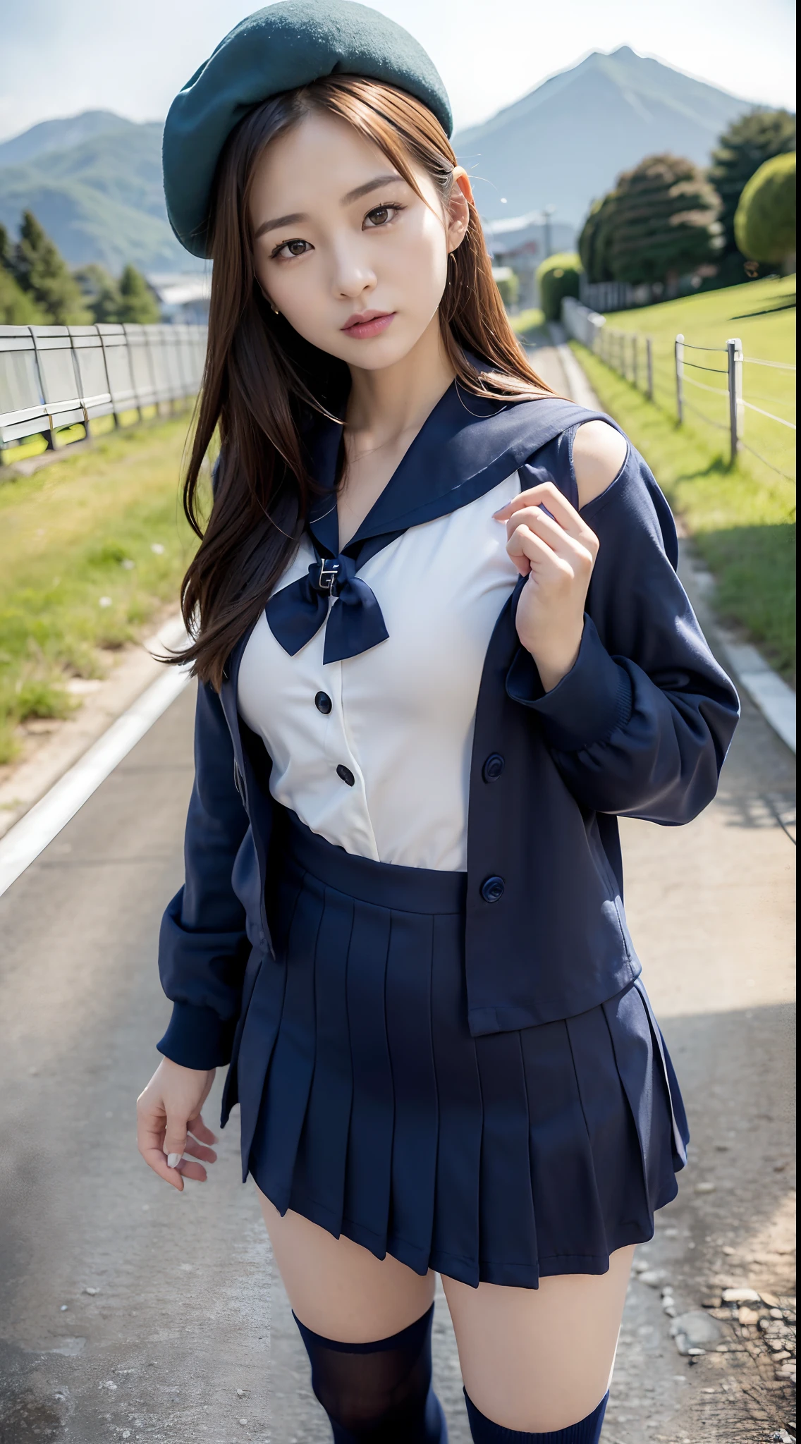 mix4, (16 K, Raw photography, Top image quality, ​masterpiece: 1.45), (realisitic, Photorealsitic: 1.37), one girls, 7．5, etc、Random hairstyle、Standing figure，Morning time slot、a very cute,countryside view,, profetional lighting, photon maping、physically-based renderingt, Gradient dark brown hair,Crisp backgrounds and high resolution, a handsome, Well-groomed and beautiful eyes、Large double eyelids、Very shiny、girl with, (((student clothes、Winter clothes、Sailor suit worn by Japan schoolgirl、Navy blue sailor color、scarf、a miniskirt, Small beret、high socks、lowfers))), Top Quality Photos, hight resolution, 1080p, (clearface), (Detailed face description), (Detailed hand description), (​masterpiece), (Exquisite CG)、extreme light and shadows、dishevled hair、master work、abundant detail、(Fine facial features)、(top quality photo)、(masuter piece)、(A detailed eye)、Look in front of you、Fine clavicle、((Slender big))、(((Japan schoolgirl in sailor suit)))、((Idle system))、((country、train track、railroad crossing、Mountains in the distance々))、(((neat and cute)))、耳Nipple Ring、A big smile、Drawing the whole body from the knees、Do not draw nasolabial folds、(((Long sleeve sailor suit)))、(Big breasts that hang down big:1.2)、Big buttocks with tension、Two arms and two legs、(((from the front side:0.3)))、bare hand、No mask、No skin exposure