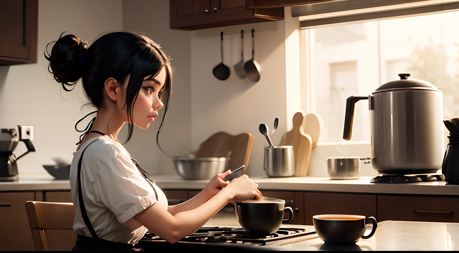 girl with black hair up to her neck making coffee, en cocina